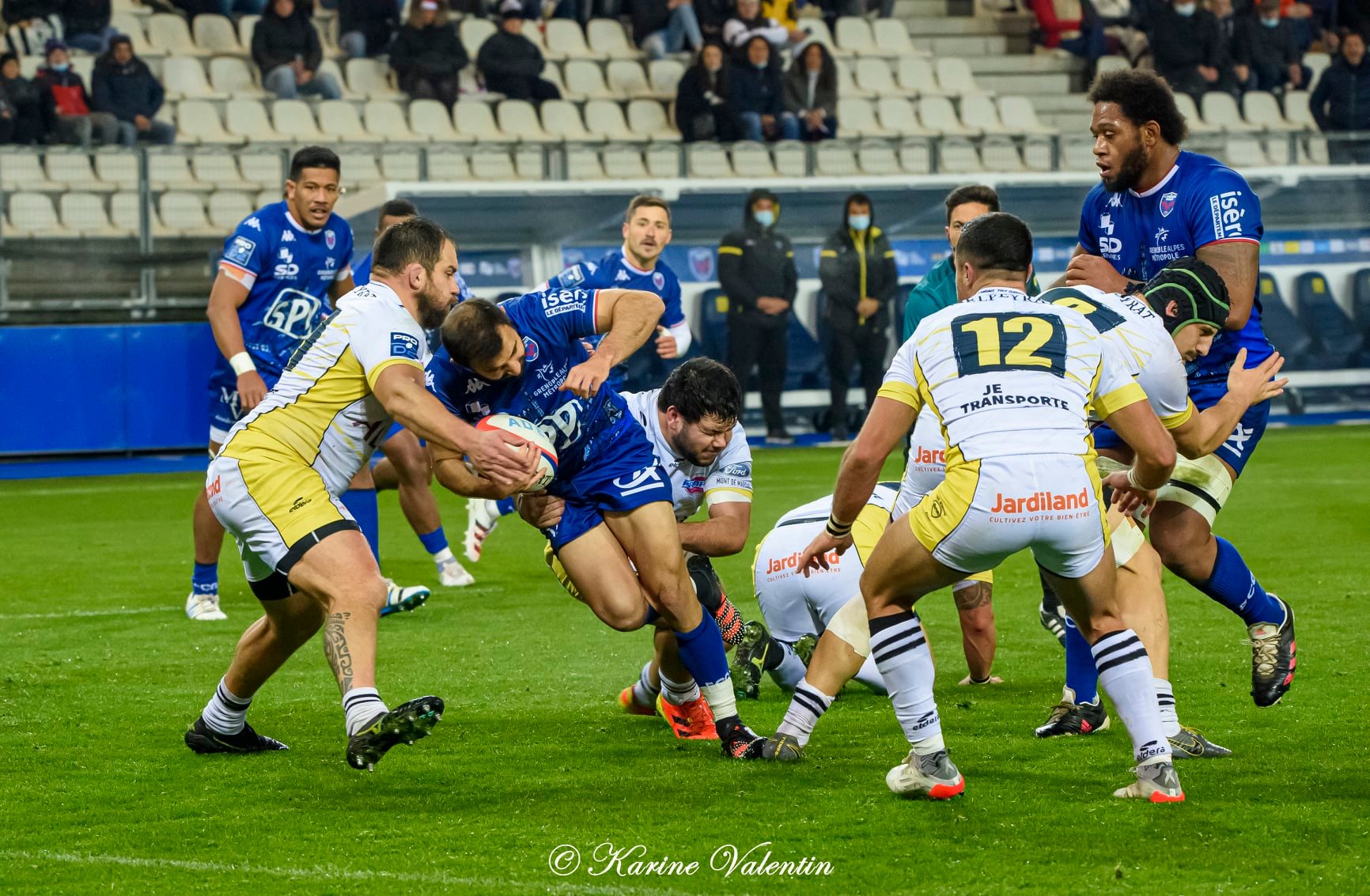 Levi DOUGLAS - Thomas FORTUNEL - Tanginoa HALAIFONUA -  FC Grenoble Rugby - Stade Montois - Rugby -  (#GrenobleVsSMontois2021Dec) Photo by: Karine Valentin | Siuxy Sports 2021-12-09
