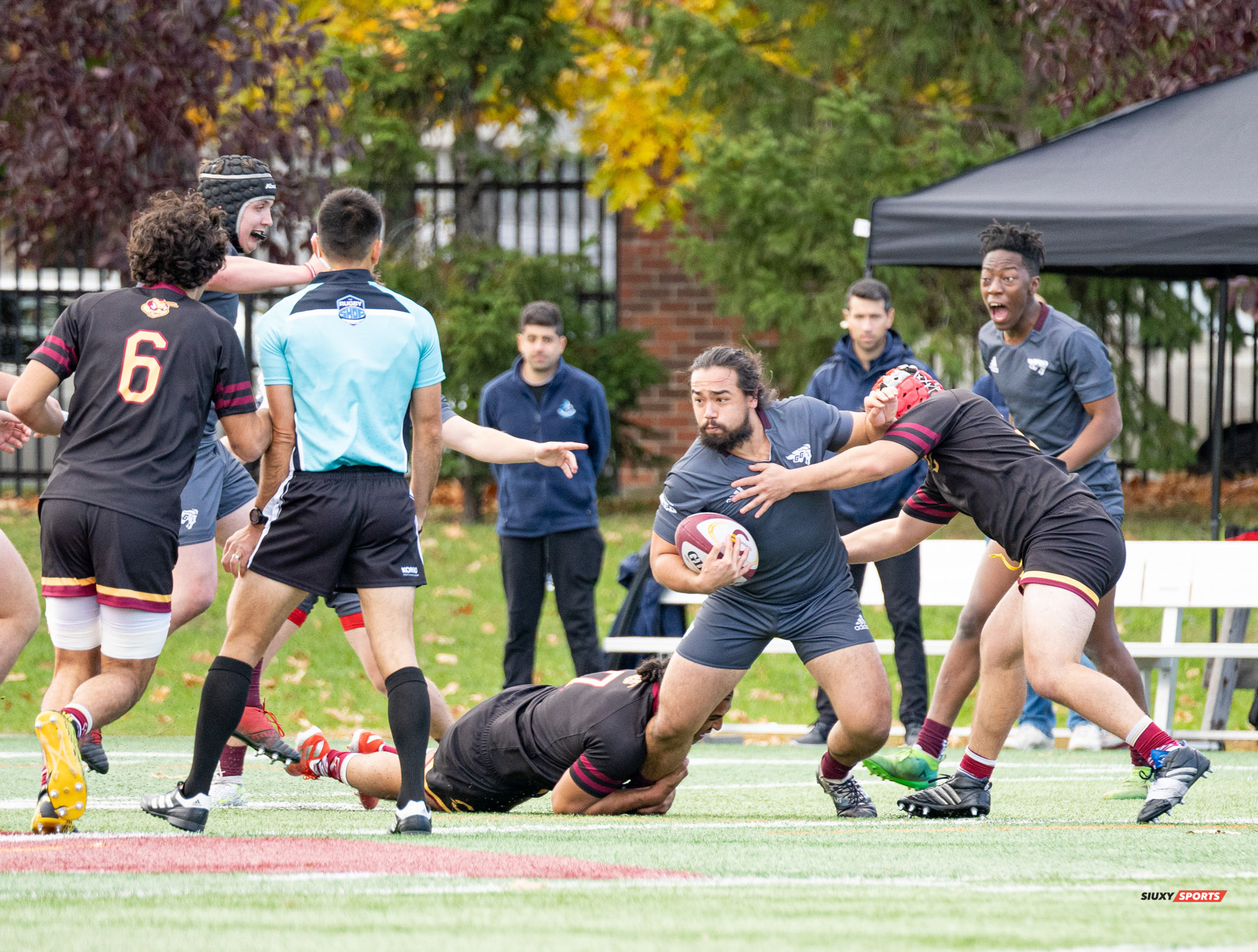 Mohamed ALMOALLIM - Theo ESPAGNOL - Simba GUMBO - Christopher MICHELETTI - Alec MONTEALEGRE - Joseph RIKELY-KRINDLE - Alexandre SAINT-BONNET -  Université Concordia - Université Ottawa - Rugby -  (#ConcordiaVsOttawa2021m) Photo by:  | Siuxy Sports 2021-10-30
