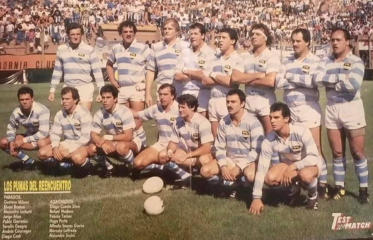 Jorge ALLEN - Eliseo Nicolas BRANCA - Diego CASH - Andres COURREGES - Diego CUESTA SILVA - Serafin DENGRA - Pablo GARRETÓN - Alejandro IACHETTI - Marcelo LOFFREDA - Rafael MADERO - Gustavo MILANO - Hugo PORTA - Alejandro SCOLNI - Alfredo SOARES GACHE - Fabián TURNES -  Selección Argentina de Rugby XV -  - Rugby -  () Photo by:  | Siuxy Sports 1989-10-01