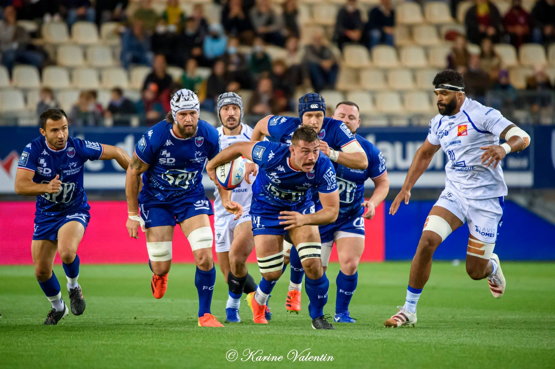 Antonin BERRUYER - Anthony COLETTA - Eric ESCANDE - Ilia KAIKATSISHVILI - Thomas LAINAULT - Thibaut MARTEL - Florian NICOT -  FC Grenoble Rugby - US Colomiers - Rugby - Grenoble Vs Colomiers (#FCGvsUSCRoct2021) Photo by: Karine Valentin | Siuxy Sports 2021-10-29