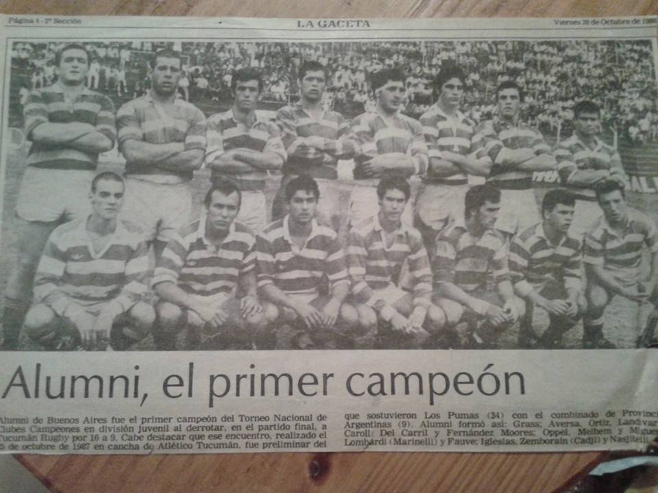 Sebastian FAUVE - German FERNANDEZ MOORES - Fernando LANDIVAR - Mariano LOMBARDI - Christian MELHEM - Juan Pablo NASJLETI CRIADO - Cristian OPPEL - Facundo ORTIZ - Martin Ricardo ZEMBORAIN -  Asociación Alumni -  - Memorabilia -  () Photo by:  | Siuxy Sports 1987-10-05