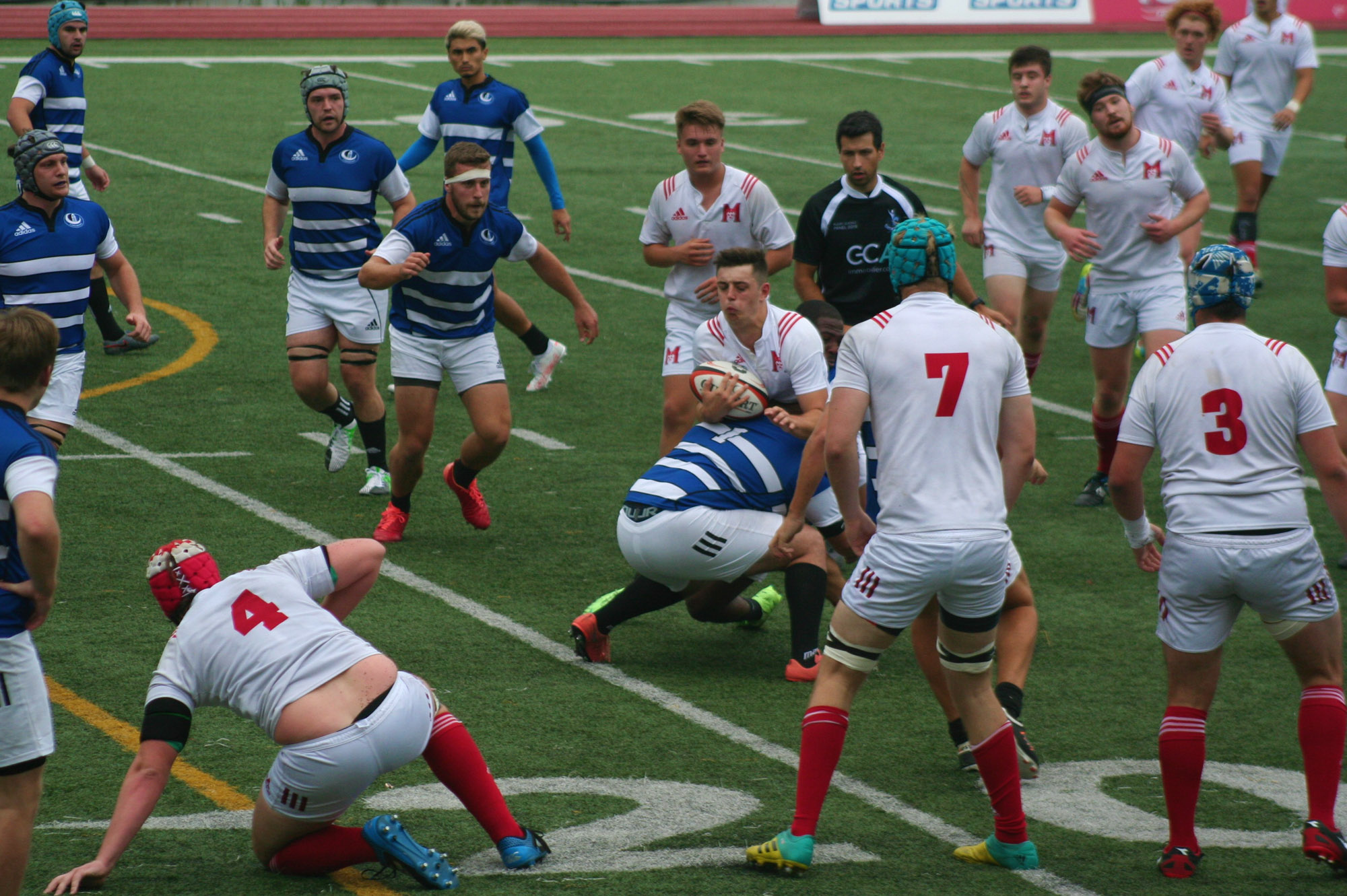 Jean-François BLANCHETTE - Neos DIONISOPOULOS - Mathis GOUY - Thibault LE COZ - Antonin MAYNE - Ian MCDOWELL - Christopher MICHELETTI - Thomas RICHARDS -  Université de Montréal - Université McGill - Rugby -  (#McGillvsUdeM) Photo by:  | Siuxy Sports 2021-09-11