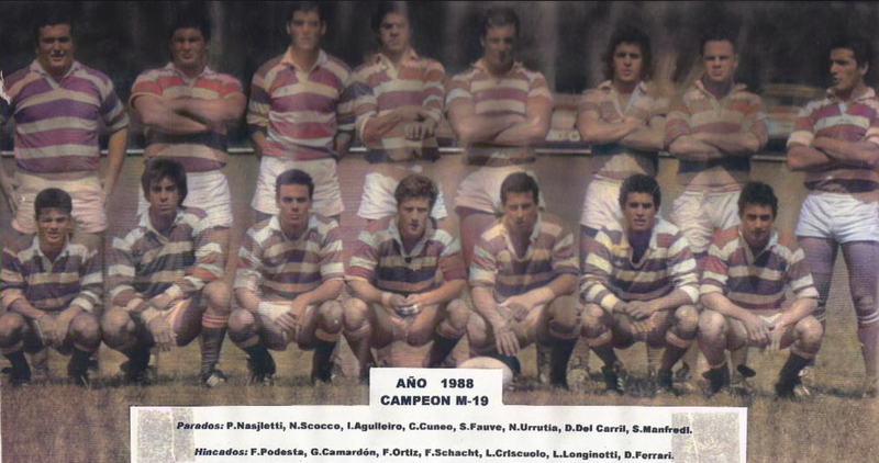 Gonzalo CAMARDON - Luis CRISCUOLO - Sebastian FAUVE - Santos MANFREDI - Facundo ORTIZ - Federico SCHACHT - Nicolas URRUTIA -  Asociación Alumni -  - Rugby - Alumni M19 Campeón año 1988 () Photo by:  | Siuxy Sports 1988-11-10