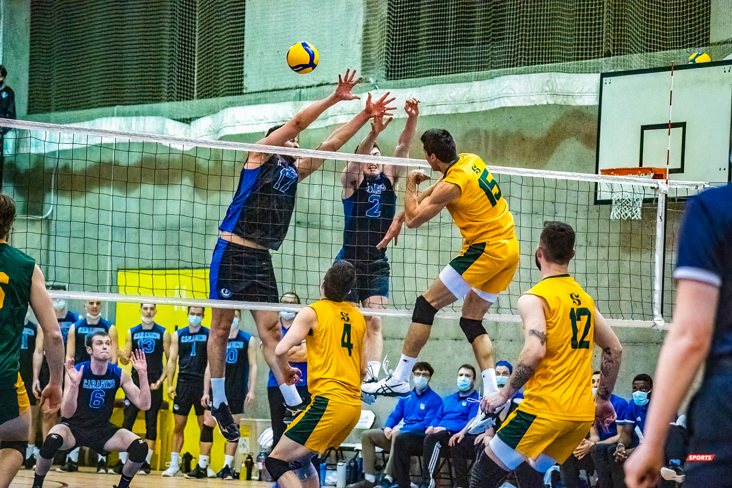 Julien BOILEAU - Sébastien LAPENSÉE - Jonathan PORTELANCE - Nidhal RIDENE - Raphaël VIENS -  Université de Montréal - Université de Sherbrooke - Volleyball - Université de Sherbrooke (3) vs Université de Montréal (1) - Final 1 2022 (#VertOrVsCarabinsFinal1M) Photo by:  | Siuxy Sports 2022-03-19