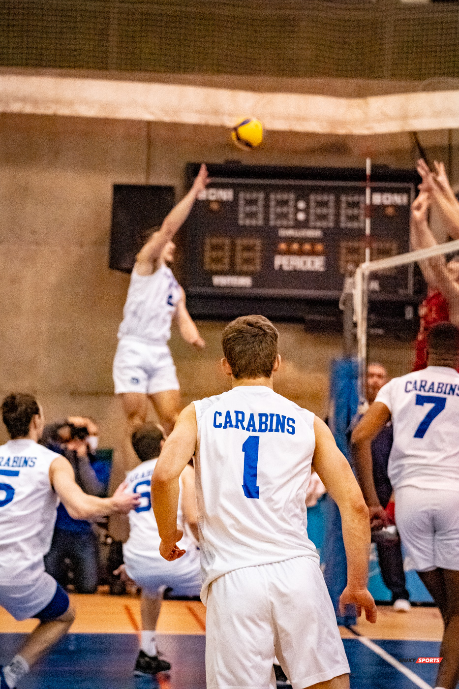 Guillaume BISSON - Julien BOILEAU - Philippe BORDENAVE - Maxime ST-DENIS - Alexis TOURNIER -  Université de Montréal - Université Laval - Volleyball - Université de Montréal (3) vs Université Laval (2) (#CarabinsVsRgeOr2022VolleyM) Photo by:  | Siuxy Sports 2022-03-05