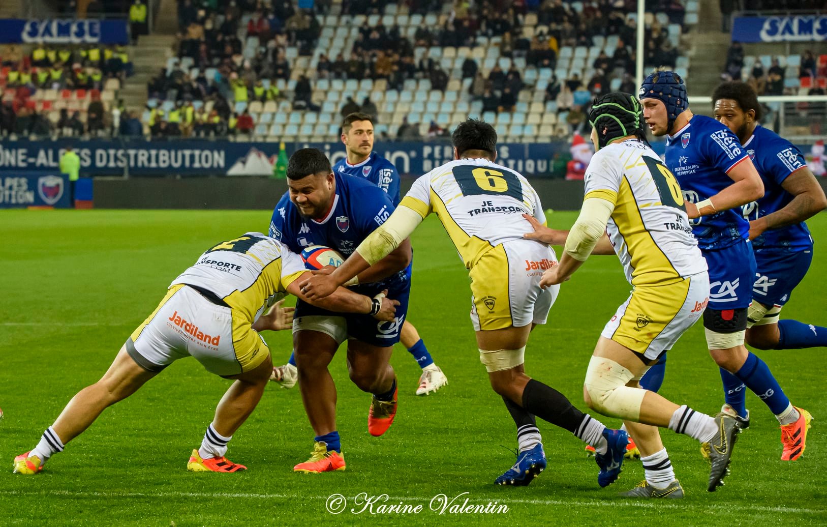 Antonin BERRUYER - Levi DOUGLAS - Thomas FORTUNEL - Toma'akino TAUFA -  FC Grenoble Rugby - Stade Montois - Rugby -  (#GrenobleVsSMontois2021Dec) Photo by: Karine Valentin | Siuxy Sports 2021-12-09