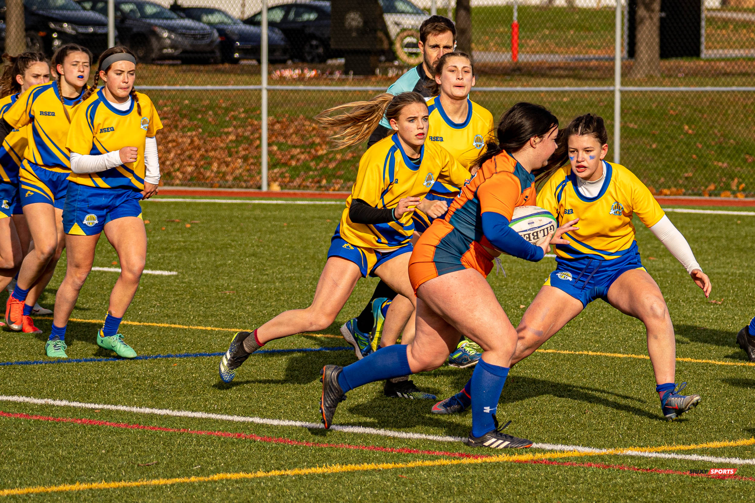 Catherine Ann BLENKHORN - Peyton STOCK - Chloe VIEL -  College John Abbott - Cégep André Laurendeau - Rugby -  (#JACvsALfinalsRugbyW) Photo by:  | Siuxy Sports 2021-11-14