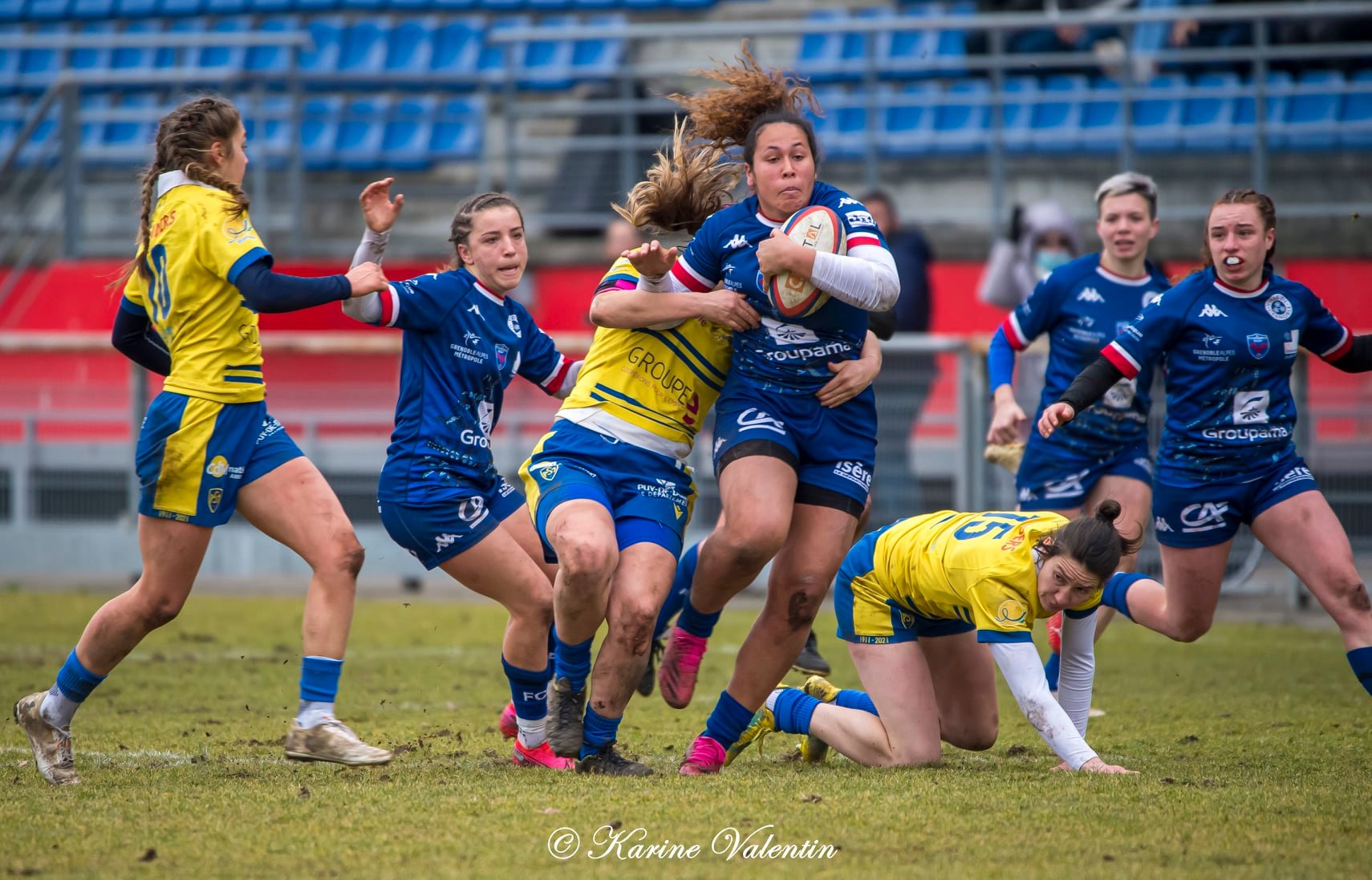 Oceane BUISSON - Alexandra CHAMBON - Téani FELEU - Florine THIRON -  FC Grenoble Rugby - ASM Romagnat rugby féminin - Rugby - Grenoble Amazones vs ASM Romagnat (#FCGVsASMRomagnat2022) Photo by: Karine Valentin | Siuxy Sports 2022-02-06